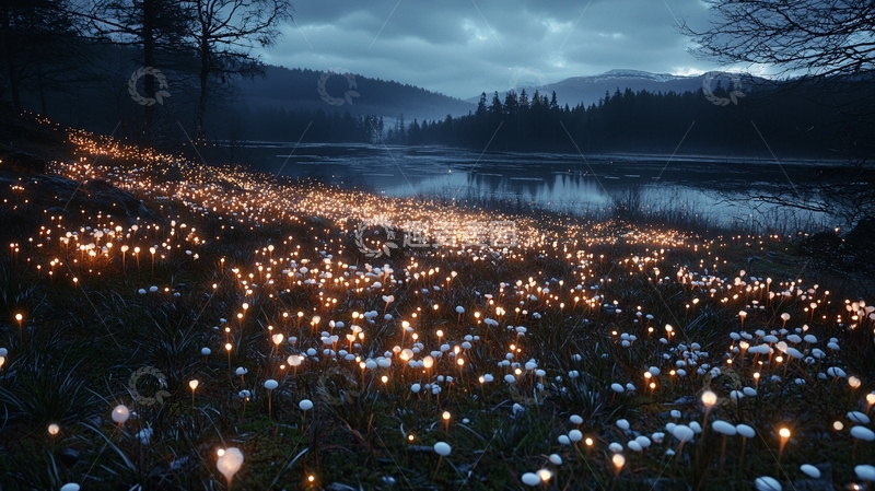 高清大图下载【趣麦麦图】湖边草地上的萤火虫