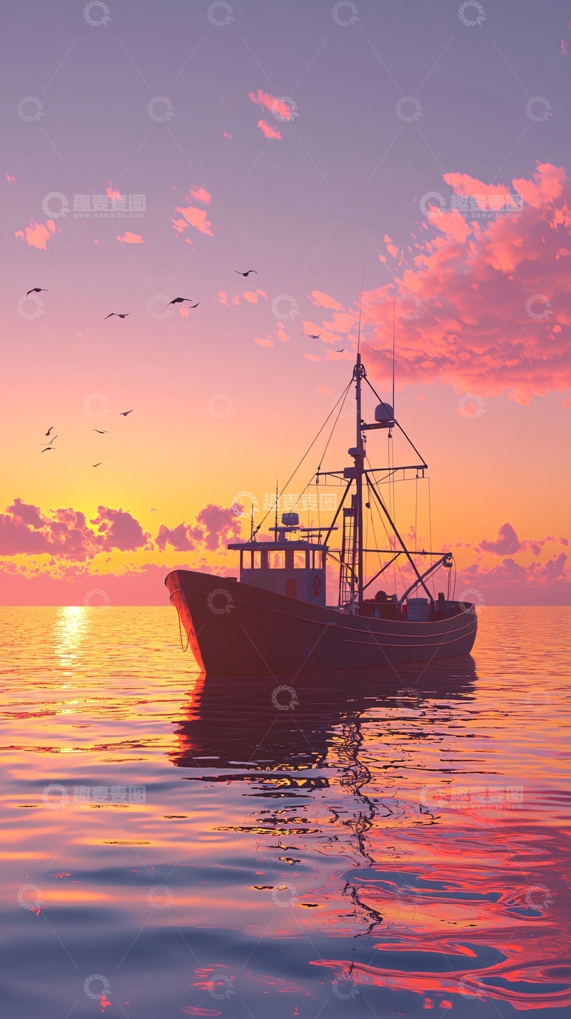 高清大图下载【趣麦麦图】夕阳西下渔船归港