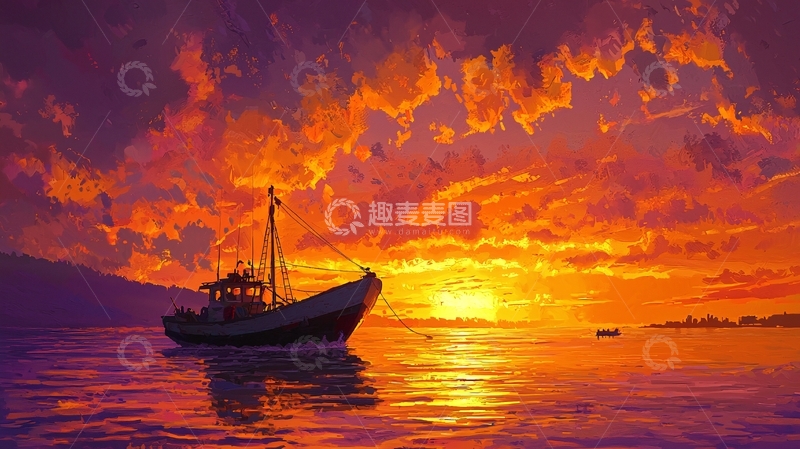 高清大图下载【趣麦麦图】日落渔船海景图