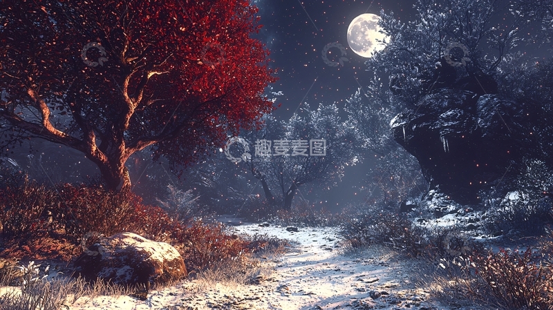 高清大图下载【趣麦麦图】红蓝树下的雪夜月光