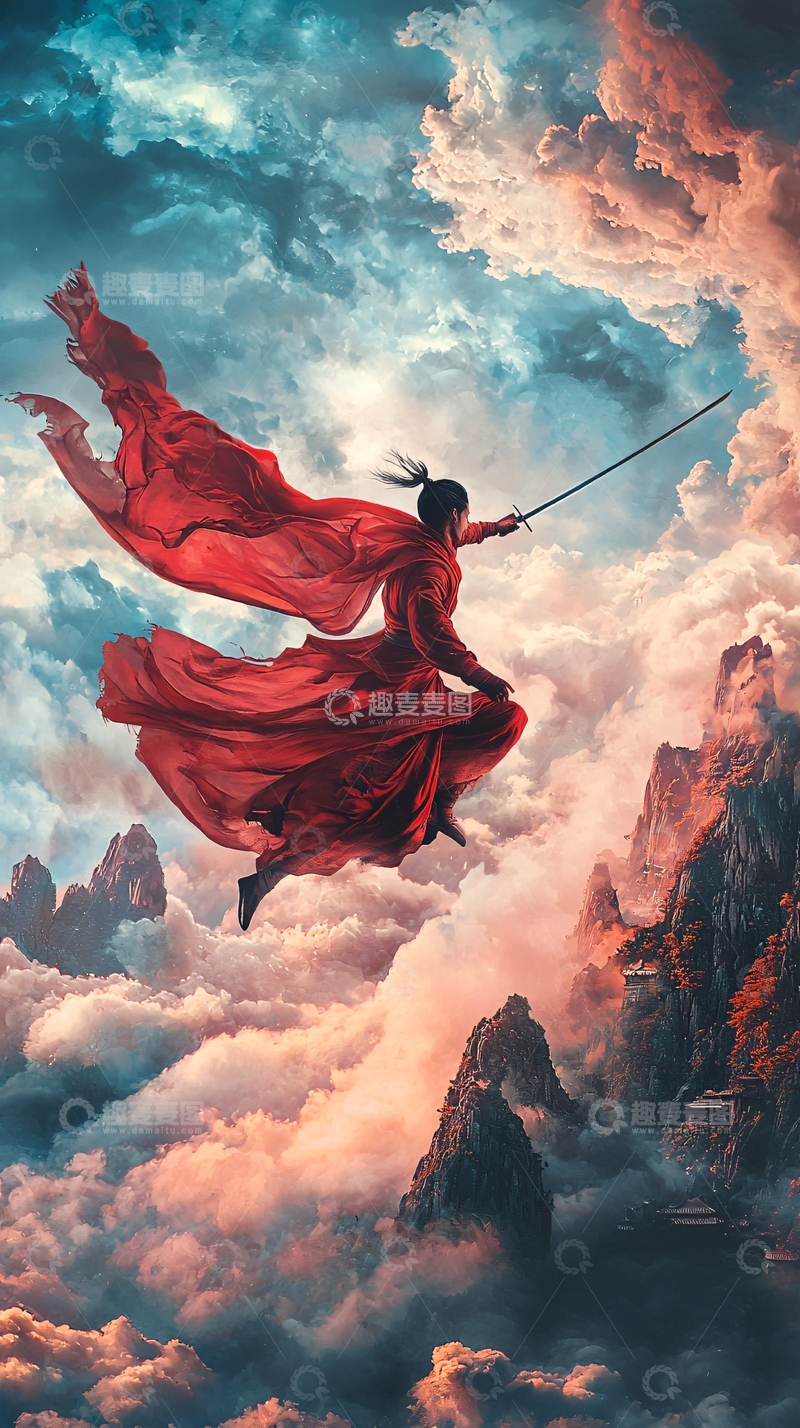 高清大图下载【趣麦麦图】红衣女子御剑飞行
