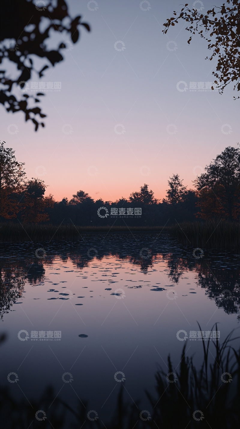 高清大图下载【趣麦麦图】静谧湖泊日落剪影