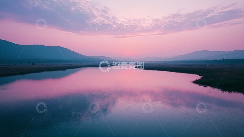 高清大图下载【趣麦麦图】平静水面上的粉色日落