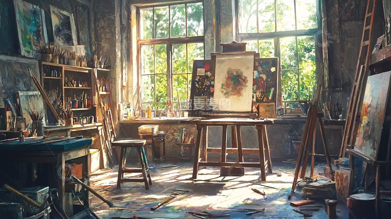 高清大图下载【趣麦麦图】阳光洒进艺术家工作室