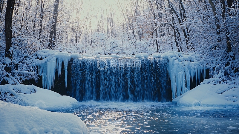 高清大图下载【趣麦麦图】冰雪覆盖的瀑布森林