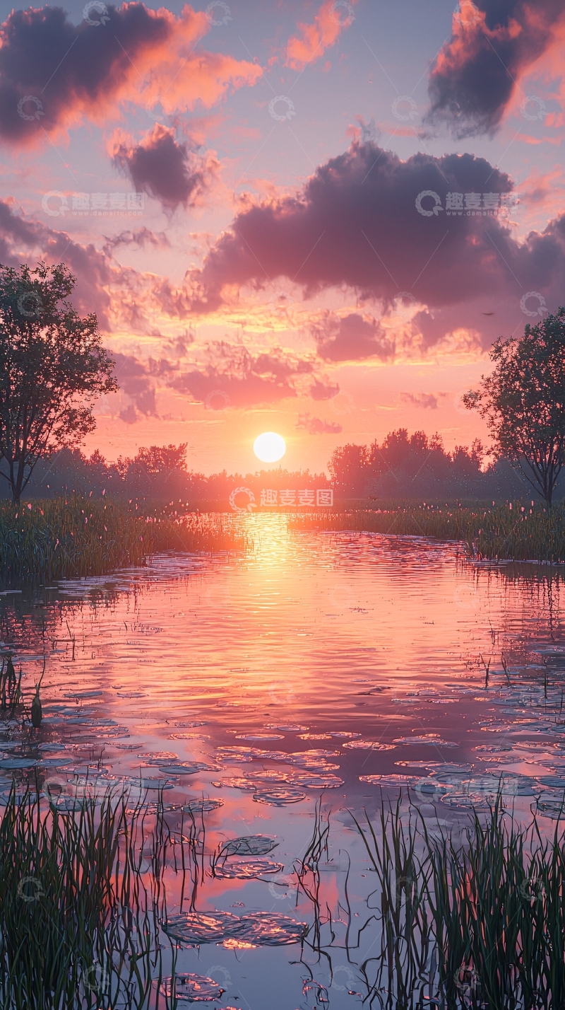 高清大图下载【趣麦麦图】粉色夕阳下的河流