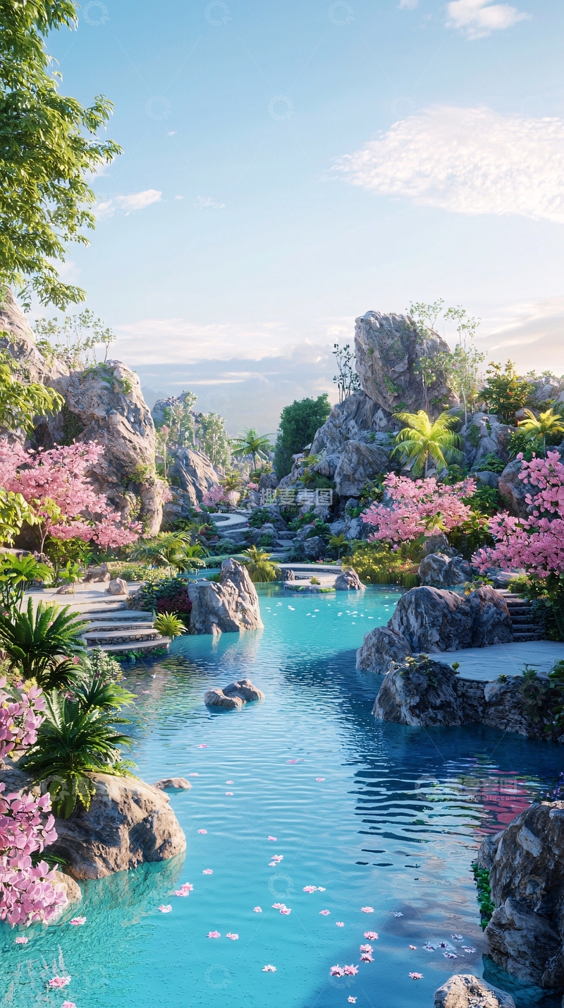 高清大图下载【趣麦麦图】梦幻般粉色樱花溪流