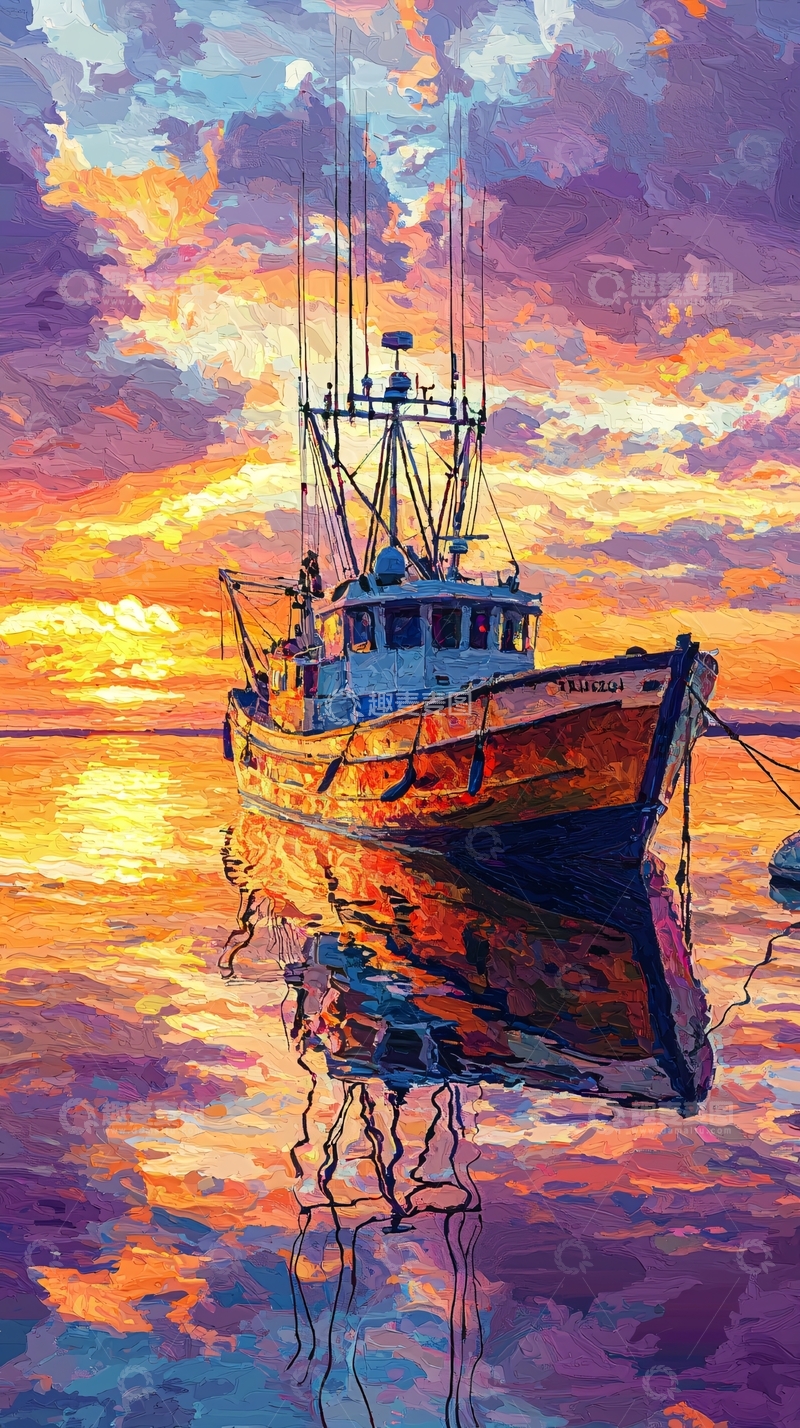 高清大图下载【趣麦麦图】日落渔船海面倒影