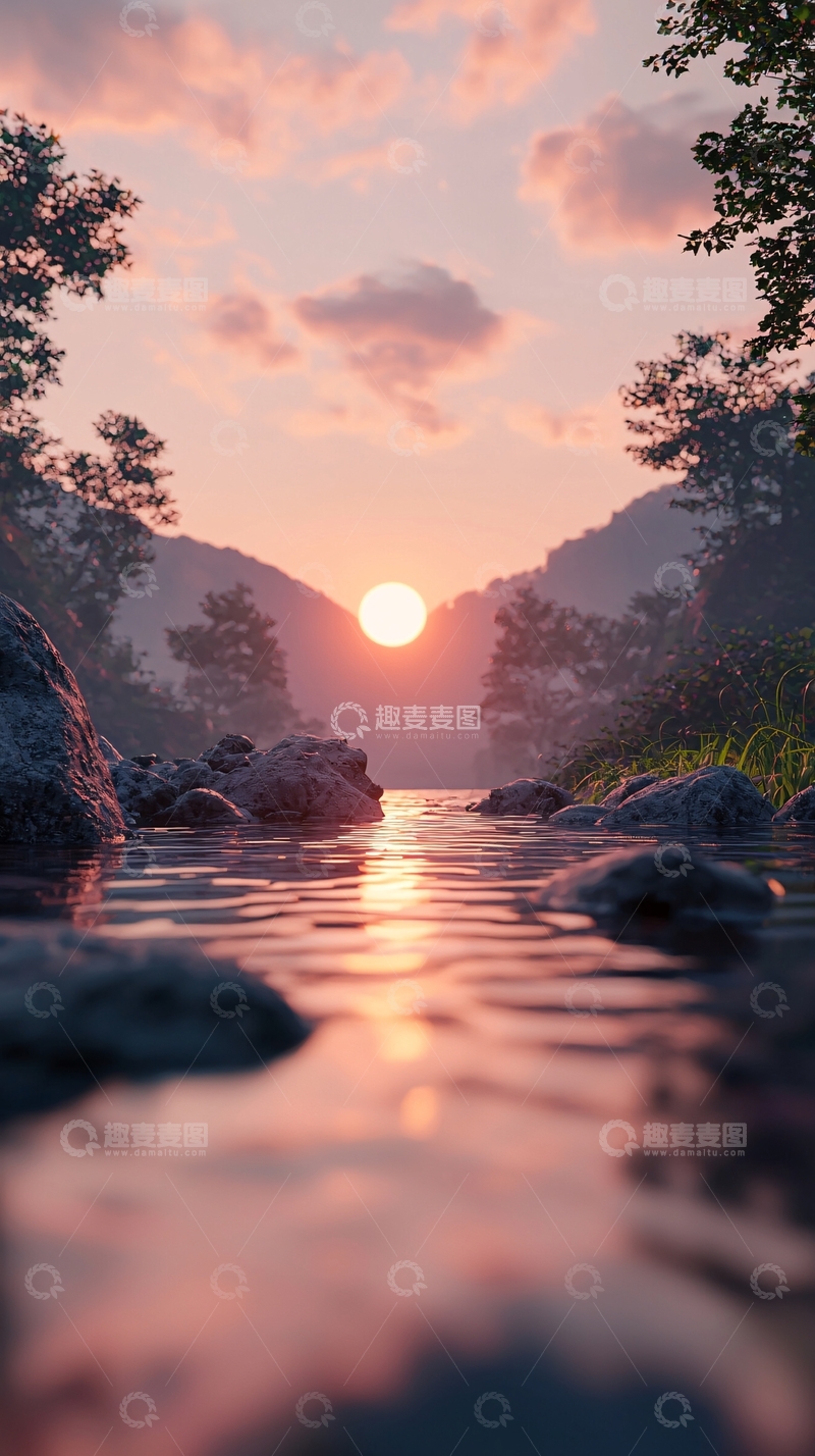 高清大图下载【趣麦麦图】落日余晖下的宁静河流