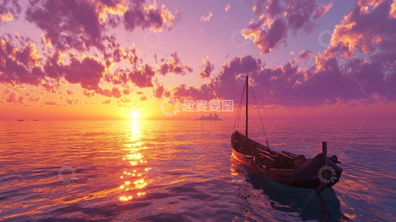 高清大图下载【趣麦麦图】落日余晖下的古老小船