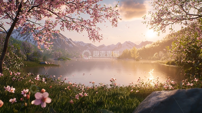 高清大图下载【趣麦麦图】清晨湖边粉樱盛开