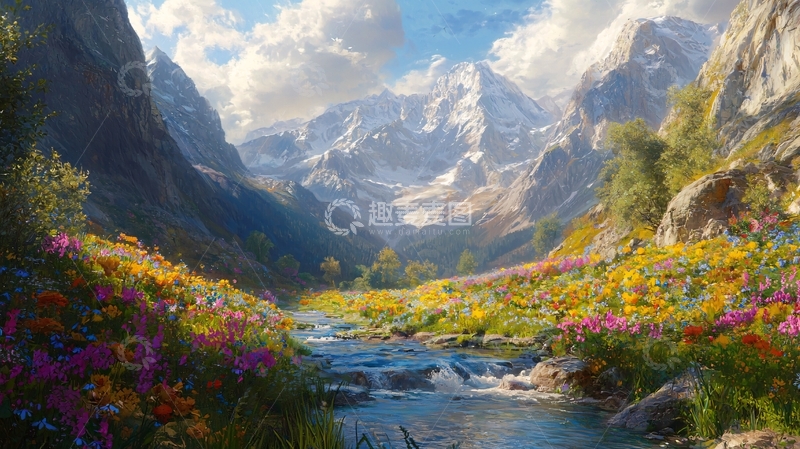 高清大图下载【趣麦麦图】雪山峡谷鲜花溪流