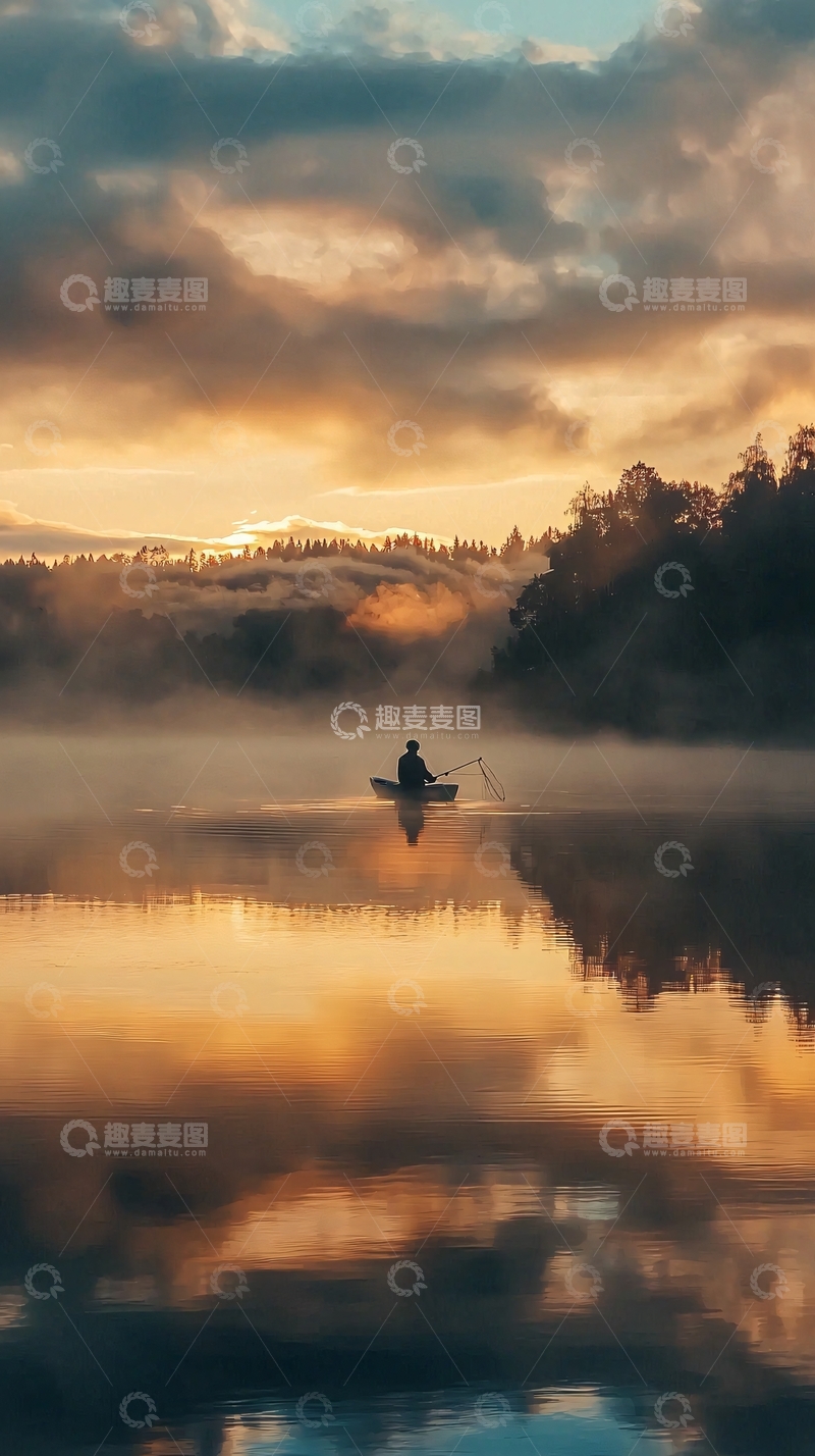 高清大图下载【趣麦麦图】清晨湖面垂钓