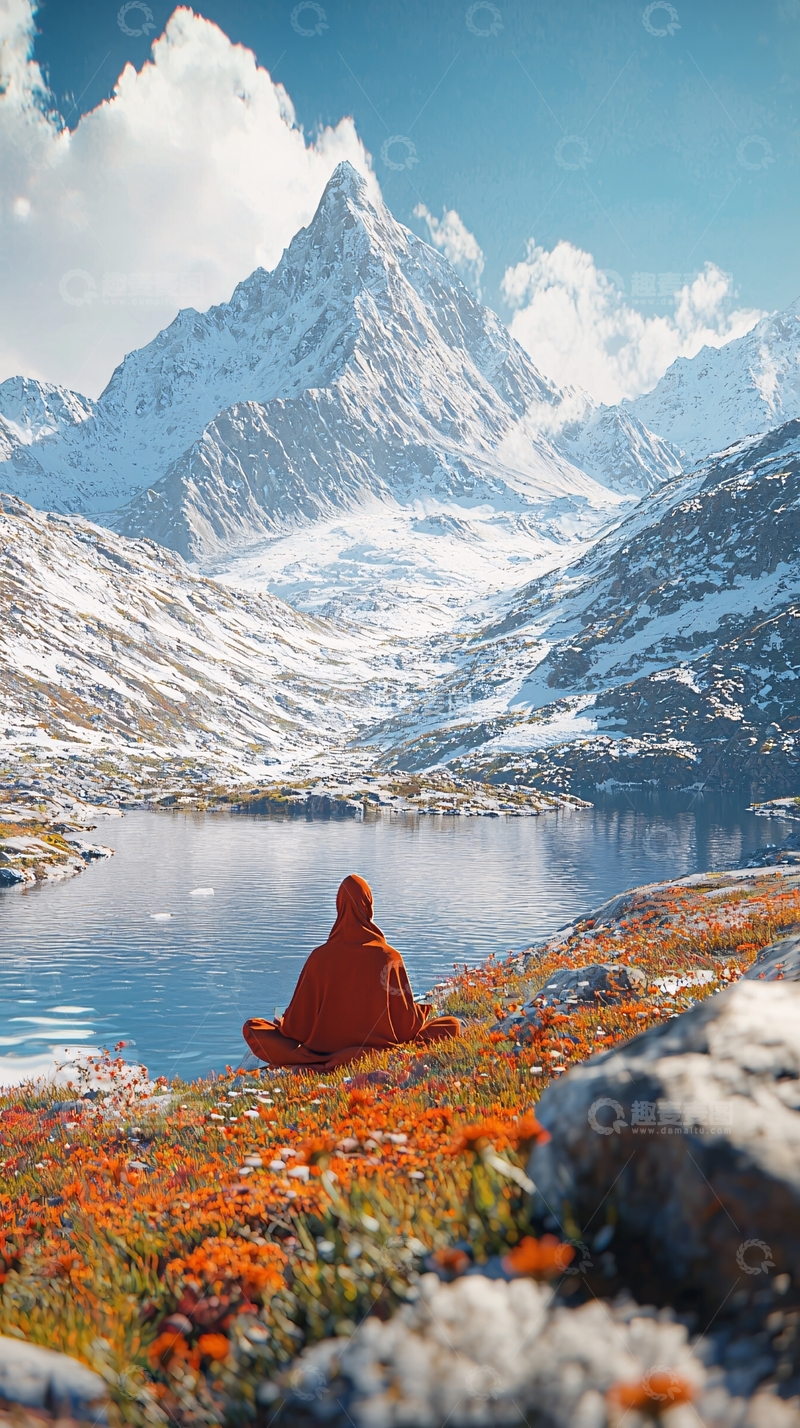 高清大图下载【趣麦麦图】雪山湖泊红衣人冥想