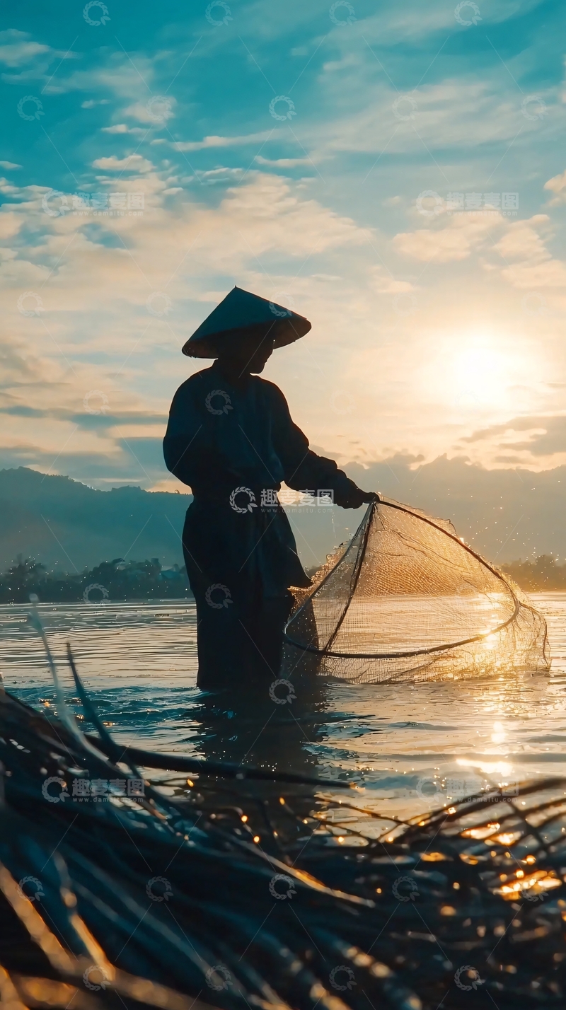 高清大图下载【趣麦麦图】日出时分渔民捕鱼