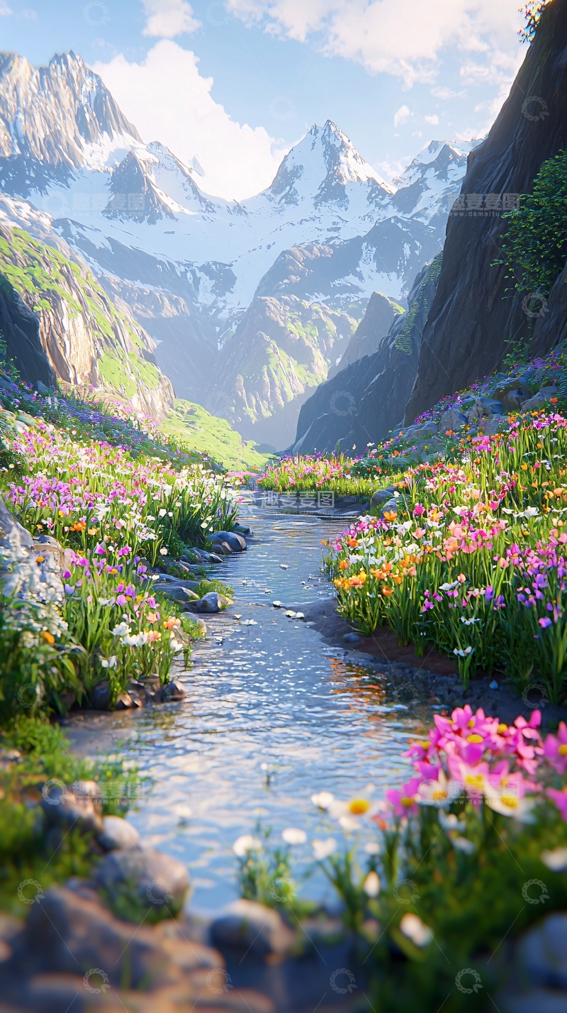 高清大图下载【趣麦麦图】高山流水鲜花盛开
