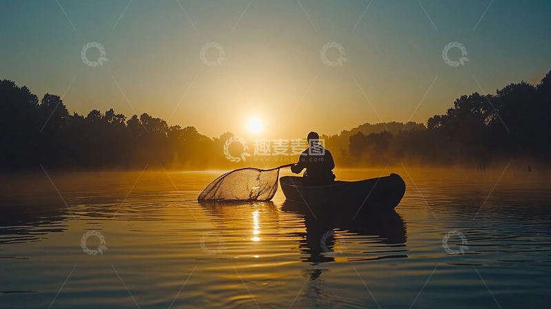 高清大图下载【趣麦麦图】日出时分渔夫捕鱼