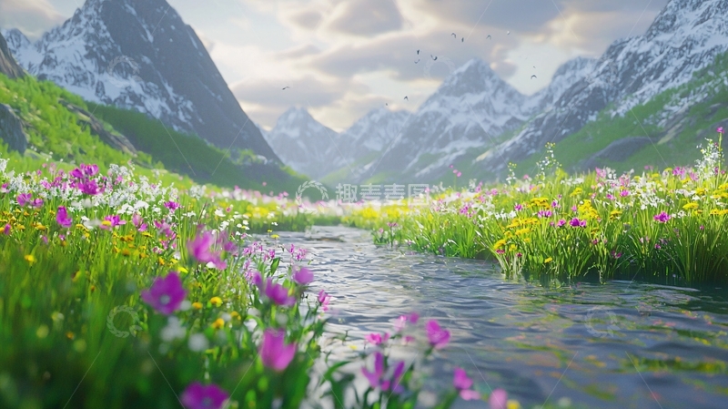 高清大图下载【趣麦麦图】山谷溪流野花盛开