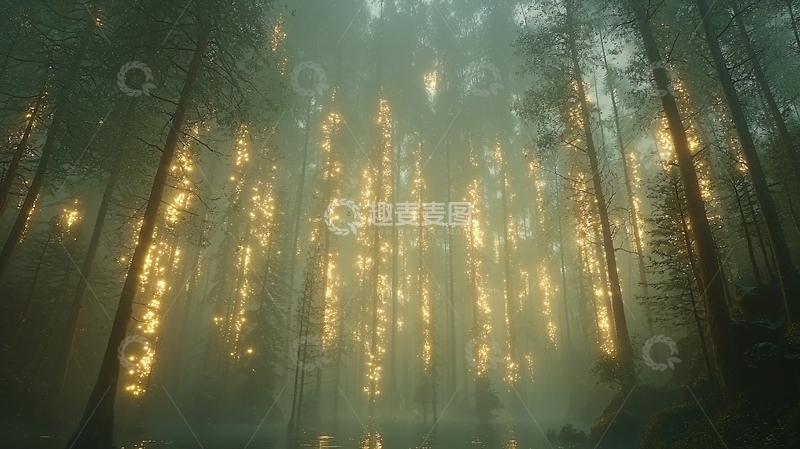 高清大图下载【趣麦麦图】雾中森林的光柱