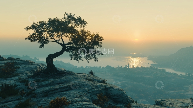 高清大图下载【趣麦麦图】山顶孤树日出景色