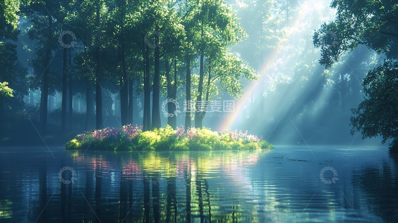 高清大图下载【趣麦麦图】湖边小岛阳光森林