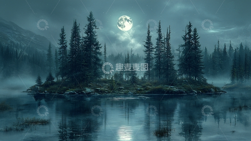 高清大图下载【趣麦麦图】湖中小岛月夜森林