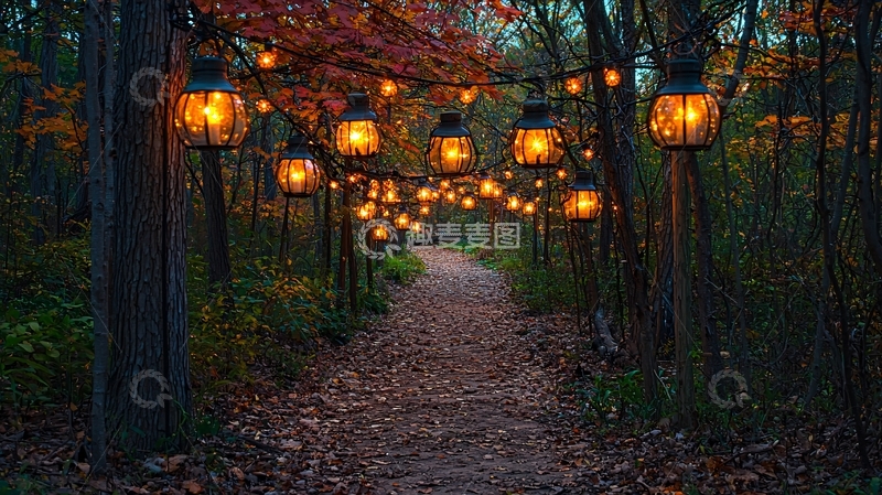 高清大图下载【趣麦麦图】秋日森林小路灯光装饰