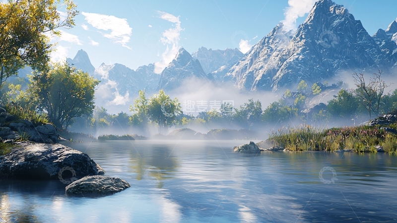 高清大图下载【趣麦麦图】山峦环抱的宁静湖泊