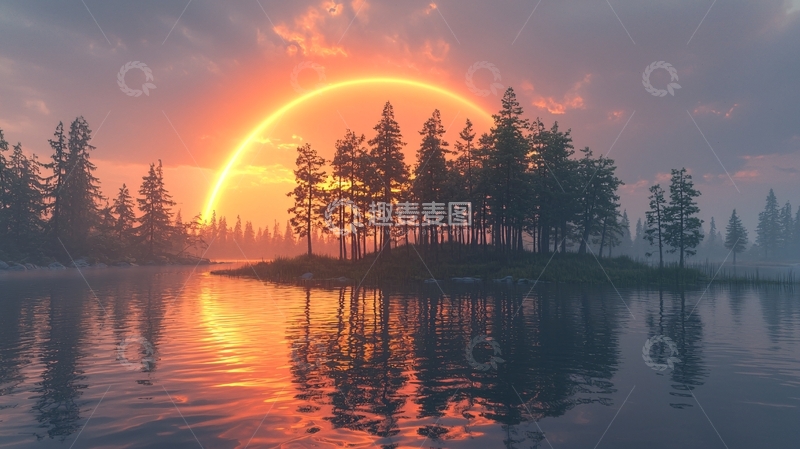 高清大图下载【趣麦麦图】湖面夕阳树木倒影