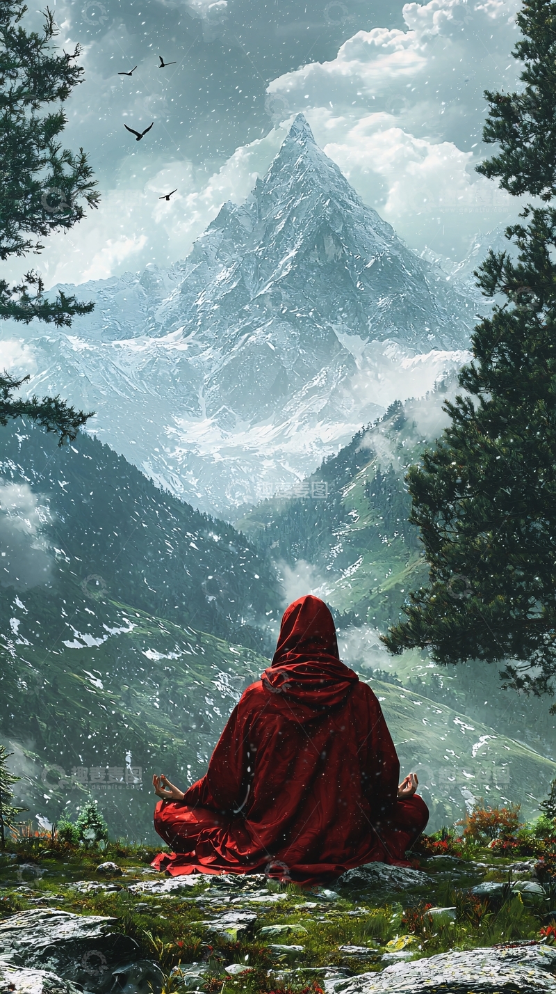高清大图下载【趣麦麦图】红衣人冥想雪山美景