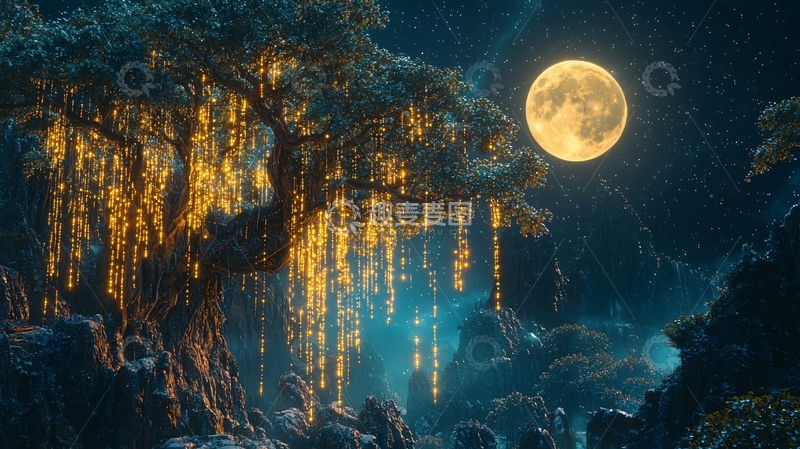 高清大图下载【趣麦麦图】月光下的神秘树
