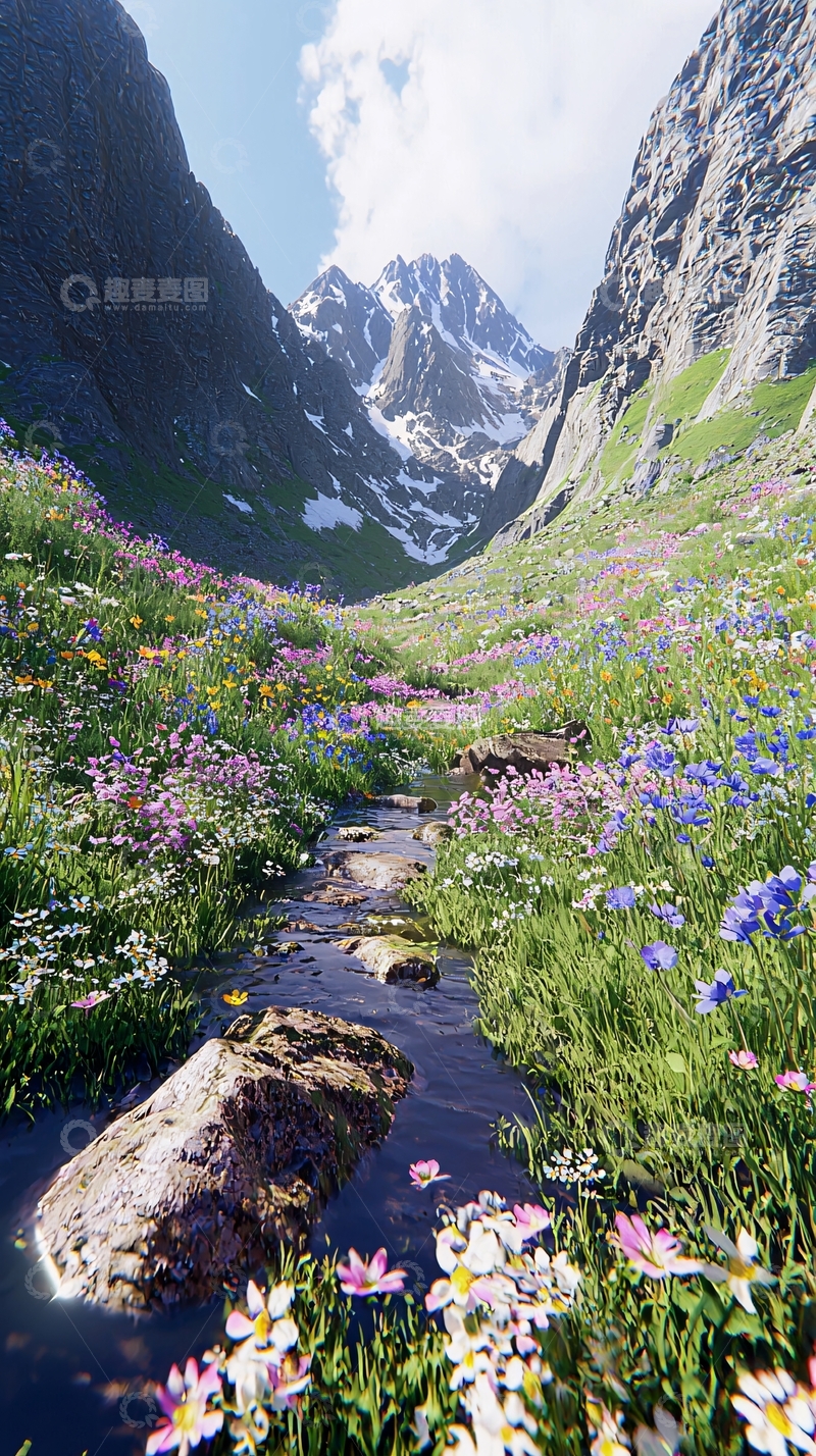 高清大图下载【趣麦麦图】高山峡谷野花溪流