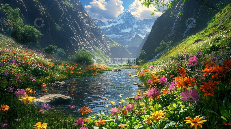 高清大图下载【趣麦麦图】山谷溪流鲜花盛开