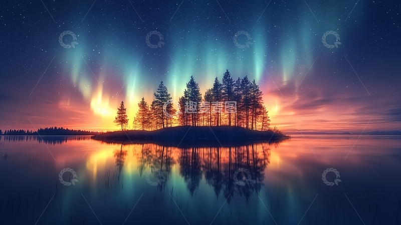 高清大图下载【趣麦麦图】湖面岛屿上的极光