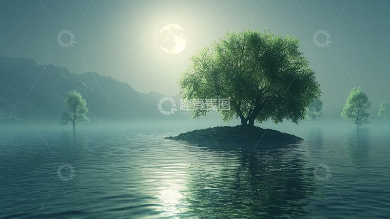 高清大图下载【趣麦麦图】宁静湖面月夜树