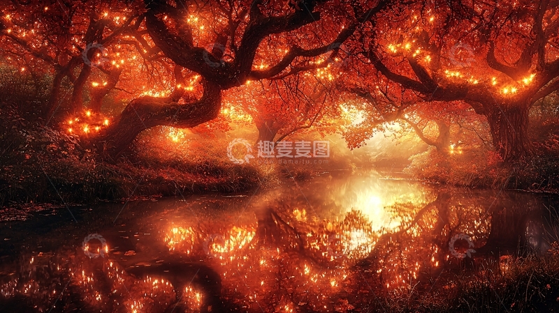 高清大图下载【趣麦麦图】梦幻般红色森林倒影