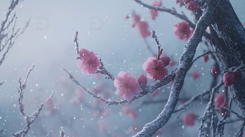 冬日粉梅花雪景