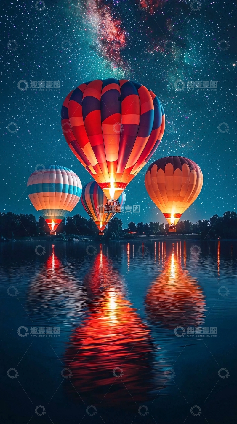 高清大图下载【趣麦麦图】热气球星空倒影湖面