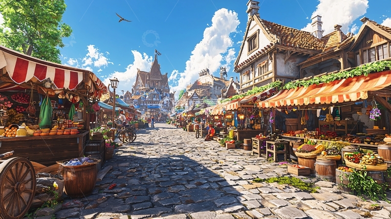 高清大图下载【趣麦麦图】阳光下的中世纪集市街道