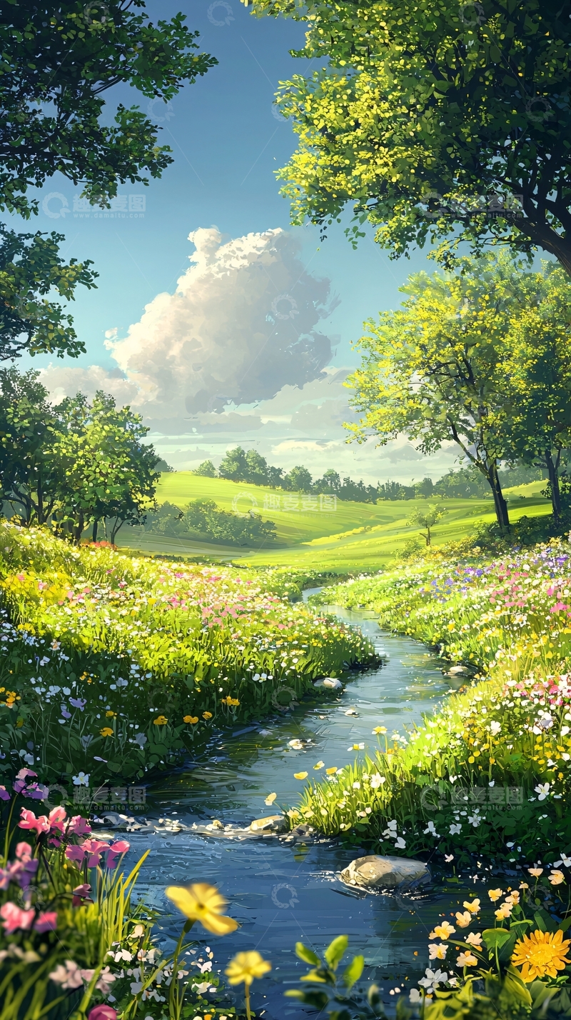 高清大图下载【趣麦麦图】春日田园小溪