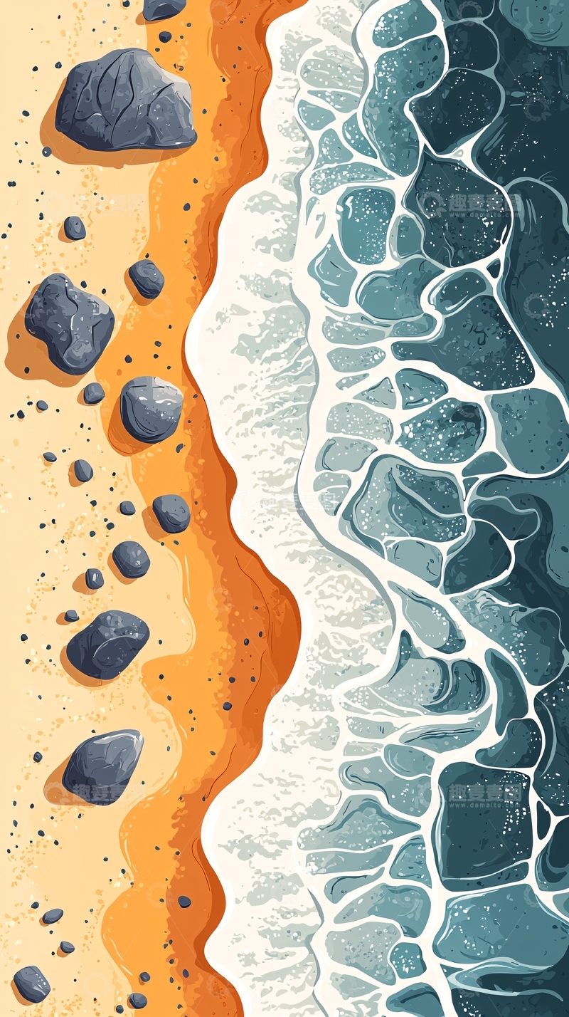 高清大图下载【趣麦麦图】海滩水波岩石卡通插画