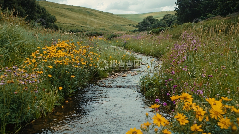 高清大图下载【趣麦麦图】山谷溪流野花盛开
