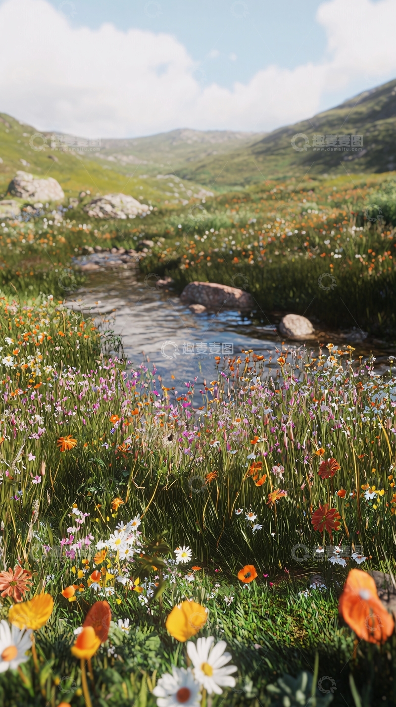 高清大图下载【趣麦麦图】山间溪流野花盛开