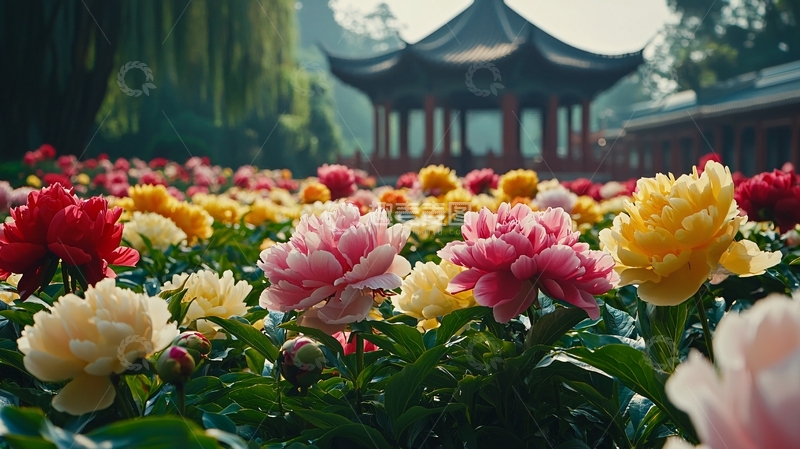 高清大图下载【趣麦麦图】古典园林牡丹花海