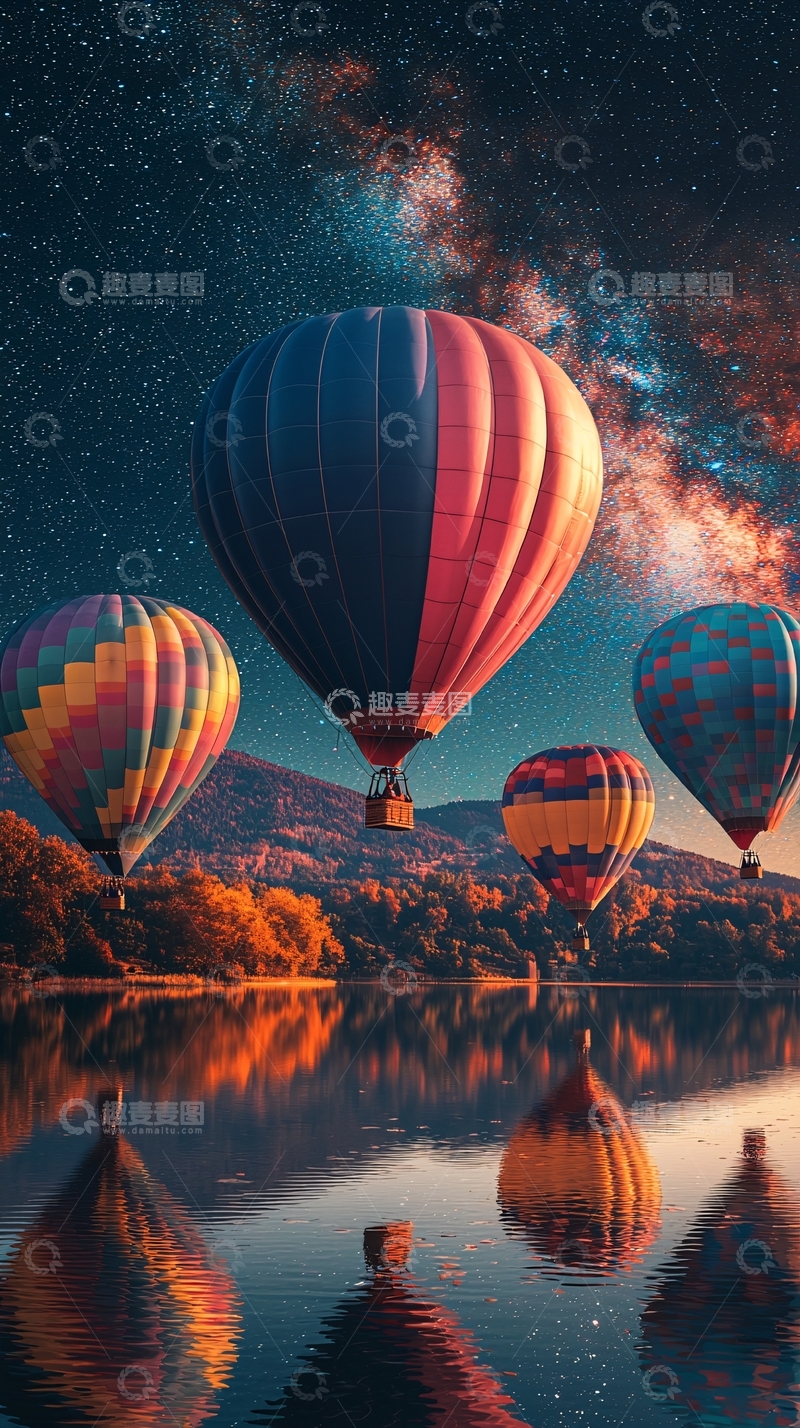 高清大图下载【趣麦麦图】热气球升空夜空星河