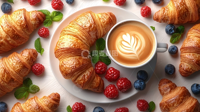 高清大图下载【趣麦麦图】牛角包咖啡莓果摆拍
