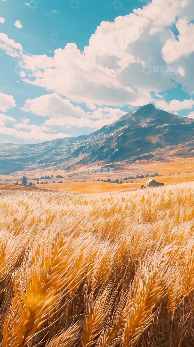 高清大图下载【趣麦麦图】金黄麦田与蓝天白云下的山峦
