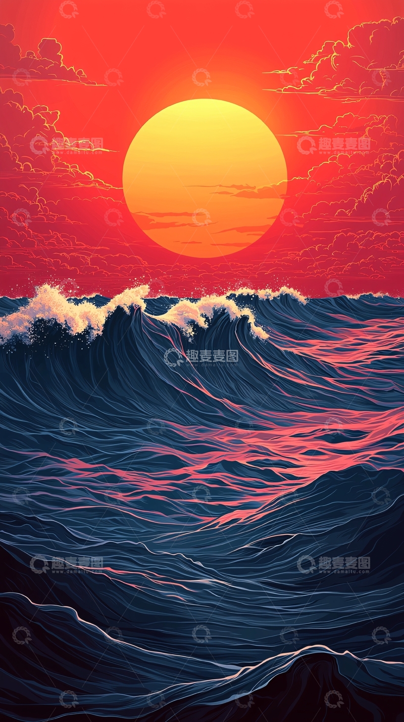 高清大图下载【趣麦麦图】红日下的波涛汹涌海面