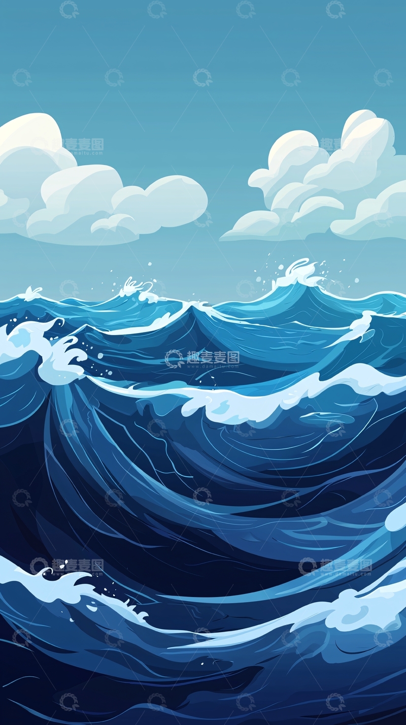 高清大图下载【趣麦麦图】卡通海浪白云蓝天背景