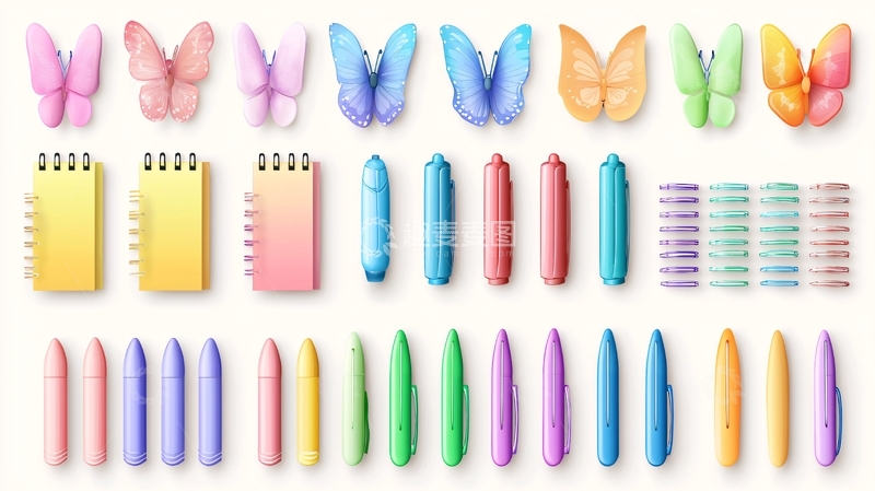 高清大图下载【趣麦麦图】彩色蝴蝶笔记本彩色笔装饰